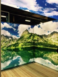 Illuminated display walls with stretched fabric are brilliant, even the 'wood' floor is printed on fabric 